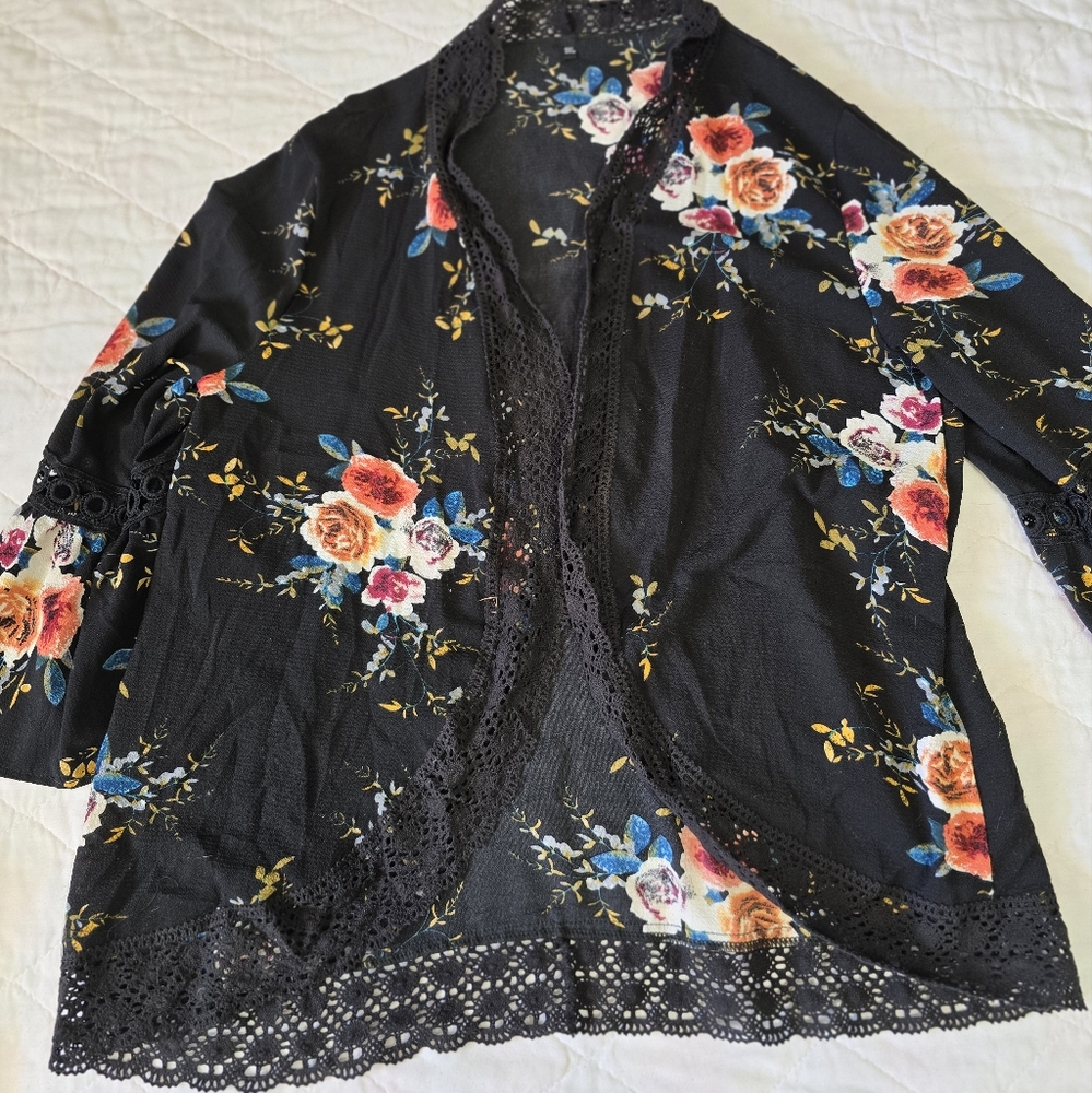 Floral Lace Crochet Trim Kimono Black Cardigan — Fits Small to 3XL / One Size